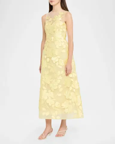 Monique Lhuillier Sleeveless Floral Tulle Illusion Tea-Length Dress | Thumbnail 4 Monique Lhuillier Sleeveless Floral Tulle Illusion Tea-Length Dress | Thumbnail 4