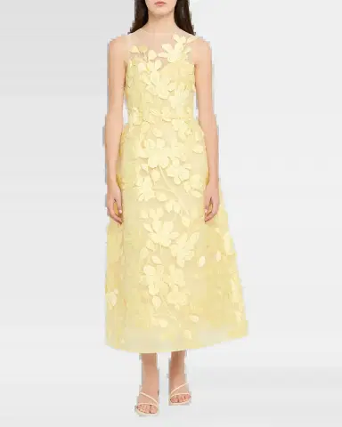 Monique Lhuillier Sleeveless Floral Tulle Illusion Tea-Length Dress | Thumbnail 6 Monique Lhuillier Sleeveless Floral Tulle Illusion Tea-Length Dress | Thumbnail 6