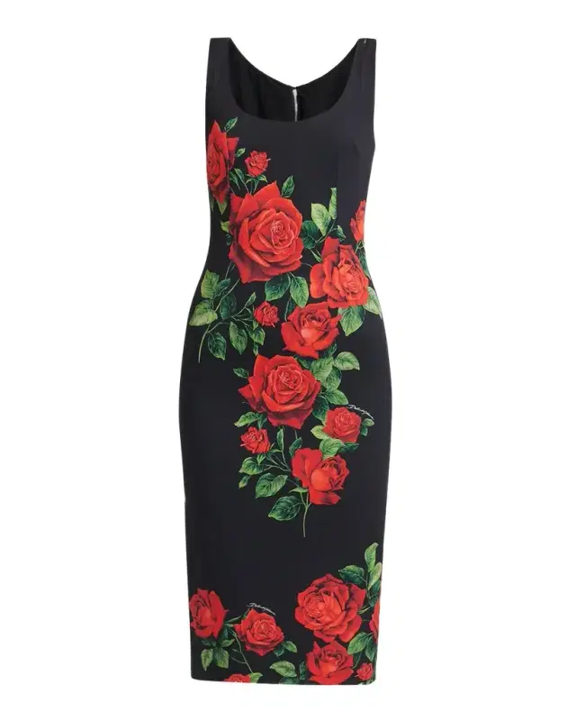 Rose-Print Sleeveless Midi Cocktail Dress Rose-Print Sleeveless Midi Cocktail Dress