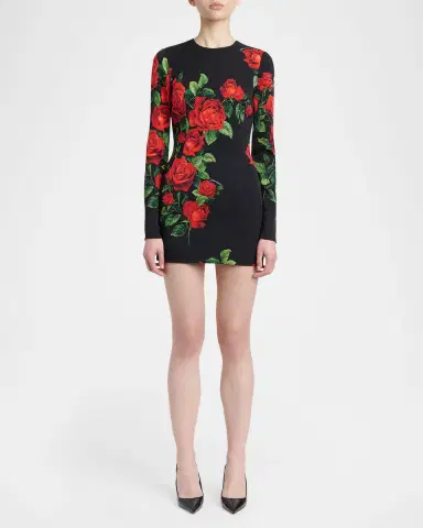 Dolce & Gabbana Rose-Print Silk Long-Sleeve Mini Dress | Thumbnail 2 Dolce & Gabbana Rose-Print Silk Long-Sleeve Mini Dress | Thumbnail 2