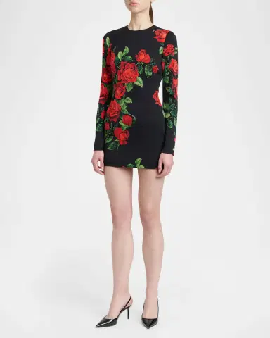 Dolce & Gabbana Rose-Print Silk Long-Sleeve Mini Dress | Thumbnail 4 Dolce & Gabbana Rose-Print Silk Long-Sleeve Mini Dress | Thumbnail 4