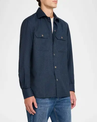 Brunello Cucinelli Men 's Wool Snap-Front Overshirt | Thumbnail 4 Brunello Cucinelli Men 's Wool Snap-Front Overshirt | Thumbnail 4