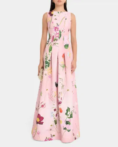 Oscar de la Renta Mixed Botanical Print Cotton Pleated Sleeveless Gown | Thumbnail 2 Oscar de la Renta Mixed Botanical Print Cotton Pleated Sleeveless Gown | Thumbnail 2