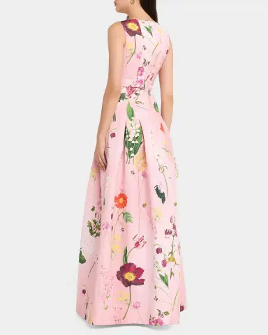 Oscar de la Renta Mixed Botanical Print Cotton Pleated Sleeveless Gown | Thumbnail 3 Oscar de la Renta Mixed Botanical Print Cotton Pleated Sleeveless Gown | Thumbnail 3