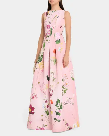 Oscar de la Renta Mixed Botanical Print Cotton Pleated Sleeveless Gown | Thumbnail 4 Oscar de la Renta Mixed Botanical Print Cotton Pleated Sleeveless Gown | Thumbnail 4