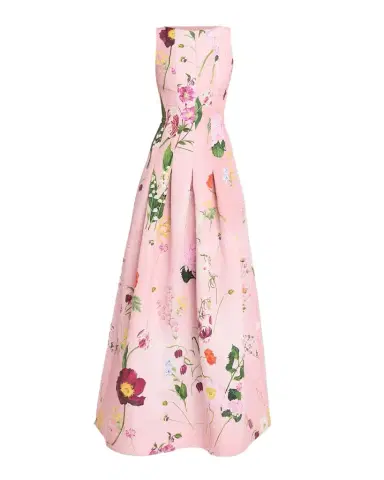 Oscar de la Renta Mixed Botanical Print Cotton Pleated Sleeveless Gown | Thumbnail 1 Oscar de la Renta Mixed Botanical Print Cotton Pleated Sleeveless Gown | Thumbnail 1
