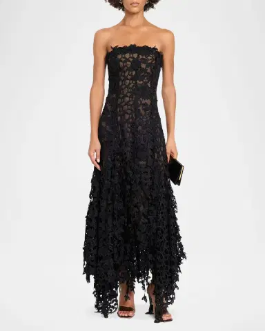 Oscar de la Renta Strapless Floral Lace Handkerchief Godet Ankle Dress | Thumbnail 2 Oscar de la Renta Strapless Floral Lace Handkerchief Godet Ankle Dress | Thumbnail 2