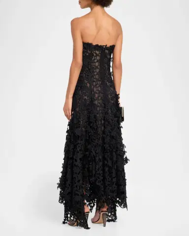 Oscar de la Renta Strapless Floral Lace Handkerchief Godet Ankle Dress | Thumbnail 3 Oscar de la Renta Strapless Floral Lace Handkerchief Godet Ankle Dress | Thumbnail 3