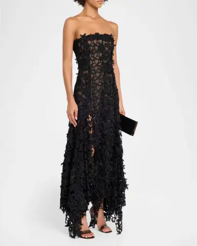 Oscar de la Renta Strapless Floral Lace Handkerchief Godet Ankle Dress | Thumbnail 4 Oscar de la Renta Strapless Floral Lace Handkerchief Godet Ankle Dress | Thumbnail 4