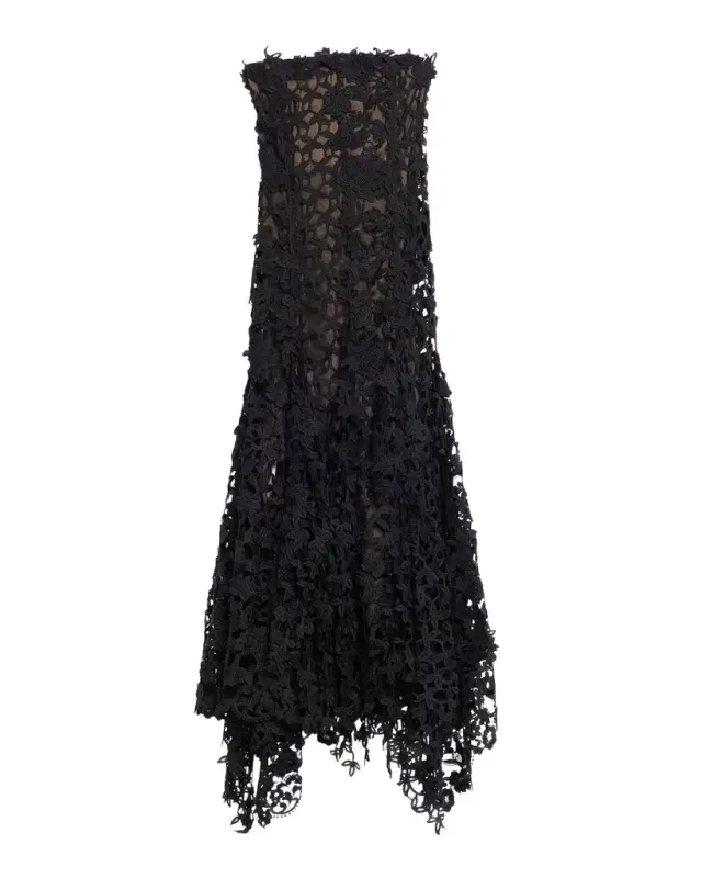 Strapless Floral Lace Handkerchief Godet Ankle Dress Strapless Floral Lace Handkerchief Godet Ankle Dress