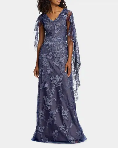 Rene Ruiz Collection V-Neck Lace Cape Gown | Thumbnail 4 Rene Ruiz Collection V-Neck Lace Cape Gown | Thumbnail 4