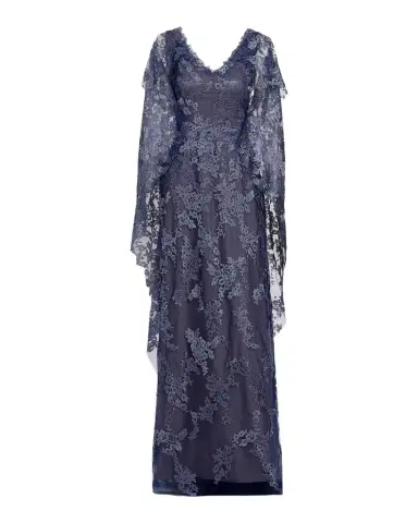 Rene Ruiz Collection V-Neck Lace Cape Gown | Thumbnail 1 Rene Ruiz Collection V-Neck Lace Cape Gown | Thumbnail 1