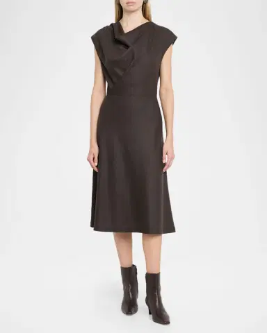 Brunello Cucinelli Fluid Wool Twill Cowl-Neck Midi Dress | Thumbnail 2 Brunello Cucinelli Fluid Wool Twill Cowl-Neck Midi Dress | Thumbnail 2