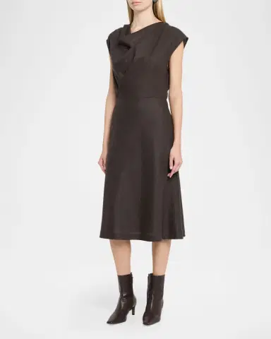 Brunello Cucinelli Fluid Wool Twill Cowl-Neck Midi Dress | Thumbnail 4 Brunello Cucinelli Fluid Wool Twill Cowl-Neck Midi Dress | Thumbnail 4