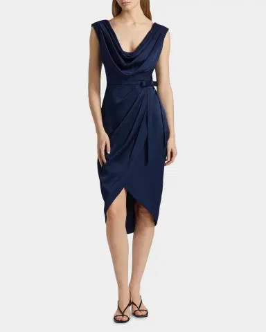 Theia Stephanie Satin Wrap Midi Cocktail Dress | Thumbnail 2 Theia Stephanie Satin Wrap Midi Cocktail Dress | Thumbnail 2