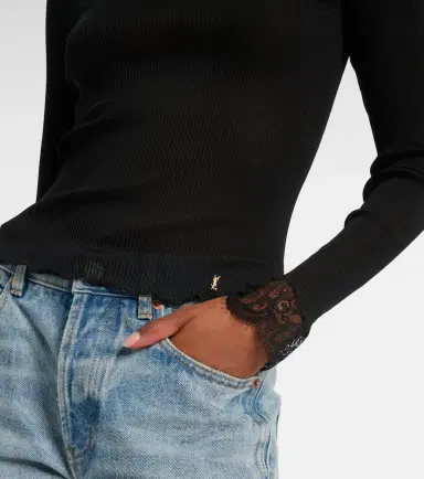 Saint Laurent Lace-trimmed ribbed-knit silk top | Thumbnail 2 Saint Laurent Lace-trimmed ribbed-knit silk top | Thumbnail 2