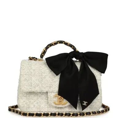 Chanel Chanel Mini CC Rectangular Flap Bag with Top Handle White Tweed Brushed Gold Hardware | Thumbnail 1 Chanel Chanel Mini CC Rectangular Flap Bag with Top Handle White Tweed Brushed Gold Hardware | Thumbnail 1