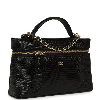 Chanel Chanel Top Handle Long Vanity Case with Chain Black Lizard Embossed Calfskin Gold Hardware | Thumbnail 2 Chanel Chanel Top Handle Long Vanity Case with Chain Black Lizard Embossed Calfskin Gold Hardware | Thumbnail 2