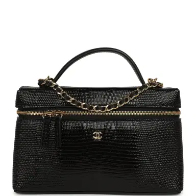 Chanel Chanel Top Handle Long Vanity Case with Chain Black Lizard Embossed Calfskin Gold Hardware | Thumbnail 1 Chanel Chanel Top Handle Long Vanity Case with Chain Black Lizard Embossed Calfskin Gold Hardware | Thumbnail 1