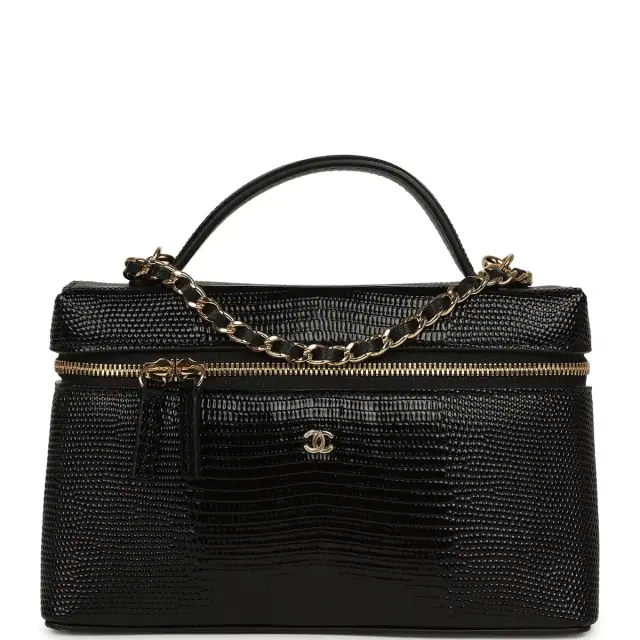 Chanel Top Handle Long Vanity Case with Chain Black Lizard Embossed Calfskin Gold Hardware Chanel Top Handle Long Vanity Case with Chain Black Lizard Embossed Calfskin Gold Hardware