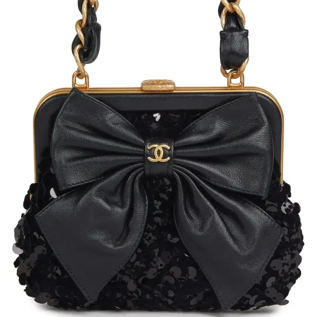 Pre-owned Chanel Mini Clutch with Bow Crossbody Bag Black Shiny Lambskin, Sequin Antique Gold Hardware Pre-owned Chanel Mini Clutch with Bow Crossbody Bag Black Shiny Lambskin, Sequin Antique Gold Hardware