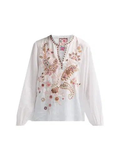 Johnny Was Women's Lyora Embroidered Relaxed Swing Blouse - White | Thumbnail 1 Johnny Was Women's Lyora Embroidered Relaxed Swing Blouse - White | Thumbnail 1
