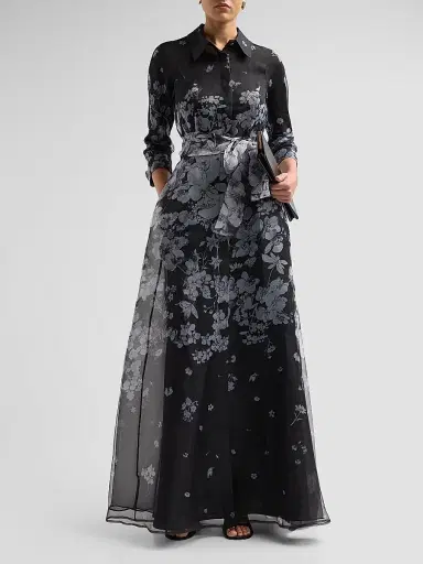 Teri Jon by Rickie Freeman Women's Floral Organza Tie-Waist Shirt Gown - Black Silver | Thumbnail 2 Teri Jon by Rickie Freeman Women's Floral Organza Tie-Waist Shirt Gown - Black Silver | Thumbnail 2