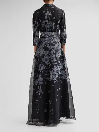 Teri Jon by Rickie Freeman Women's Floral Organza Tie-Waist Shirt Gown - Black Silver | Thumbnail 3 Teri Jon by Rickie Freeman Women's Floral Organza Tie-Waist Shirt Gown - Black Silver | Thumbnail 3