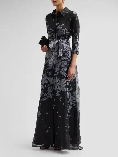 Teri Jon by Rickie Freeman Women's Floral Organza Tie-Waist Shirt Gown - Black Silver | Thumbnail 4 Teri Jon by Rickie Freeman Women's Floral Organza Tie-Waist Shirt Gown - Black Silver | Thumbnail 4