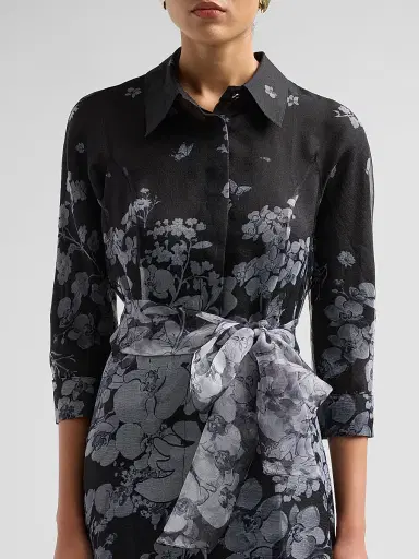 Teri Jon by Rickie Freeman Women's Floral Organza Tie-Waist Shirt Gown - Black Silver | Thumbnail 5 Teri Jon by Rickie Freeman Women's Floral Organza Tie-Waist Shirt Gown - Black Silver | Thumbnail 5