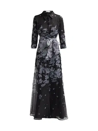 Teri Jon by Rickie Freeman Women's Floral Organza Tie-Waist Shirt Gown - Black Silver | Thumbnail 1 Teri Jon by Rickie Freeman Women's Floral Organza Tie-Waist Shirt Gown - Black Silver | Thumbnail 1