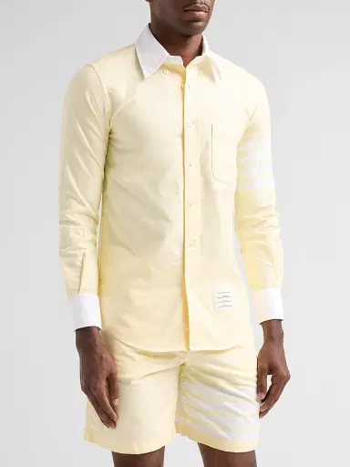 Thom Browne Men's Engineered 4-Bar Linen Straight-Fit Shirt | Thumbnail 4 Thom Browne Men's Engineered 4-Bar Linen Straight-Fit Shirt | Thumbnail 4