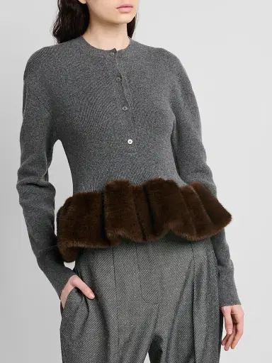Stella McCartney Women's Faux Fur Trim Wool Crewneck Sweater - Dark Grey Melange | Thumbnail 5 Stella McCartney Women's Faux Fur Trim Wool Crewneck Sweater - Dark Grey Melange | Thumbnail 5