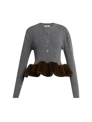Stella McCartney Women's Faux Fur Trim Wool Crewneck Sweater - Dark Grey Melange | Thumbnail 1 Stella McCartney Women's Faux Fur Trim Wool Crewneck Sweater - Dark Grey Melange | Thumbnail 1