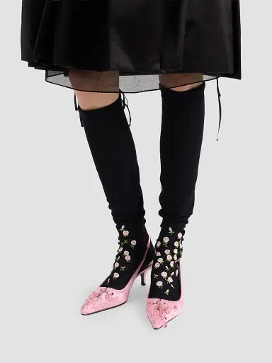Prada Women's Embroidered Over the Knee Cotton Socks - Black | Thumbnail 4 Prada Women's Embroidered Over the Knee Cotton Socks - Black | Thumbnail 4