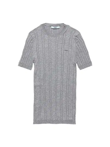 Prada Women's Short-Sleeved Ribbed Knit Cotton Sweater - Grey - Size 8 | Thumbnail 1 Prada Women's Short-Sleeved Ribbed Knit Cotton Sweater - Grey - Size 8 | Thumbnail 1