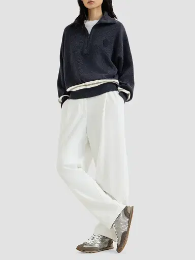 Brunello Cucinelli Women's Cashmere English Rib Turtleneck Sweater with Half-Zip and Logo - Navy Blue | Thumbnail 2 Brunello Cucinelli Women's Cashmere English Rib Turtleneck Sweater with Half-Zip and Logo - Navy Blue | Thumbnail 2
