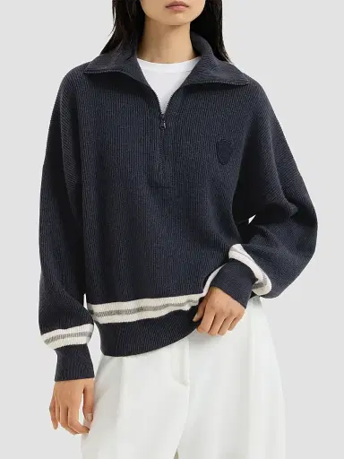 Brunello Cucinelli Women's Cashmere English Rib Turtleneck Sweater with Half-Zip and Logo - Navy Blue | Thumbnail 3 Brunello Cucinelli Women's Cashmere English Rib Turtleneck Sweater with Half-Zip and Logo - Navy Blue | Thumbnail 3