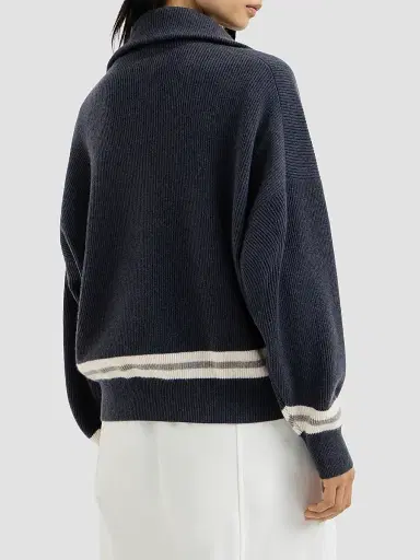 Brunello Cucinelli Women's Cashmere English Rib Turtleneck Sweater with Half-Zip and Logo - Navy Blue | Thumbnail 4 Brunello Cucinelli Women's Cashmere English Rib Turtleneck Sweater with Half-Zip and Logo - Navy Blue | Thumbnail 4