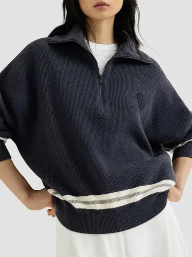 Brunello Cucinelli Women's Cashmere English Rib Turtleneck Sweater with Half-Zip and Logo - Navy Blue | Thumbnail 5 Brunello Cucinelli Women's Cashmere English Rib Turtleneck Sweater with Half-Zip and Logo - Navy Blue | Thumbnail 5