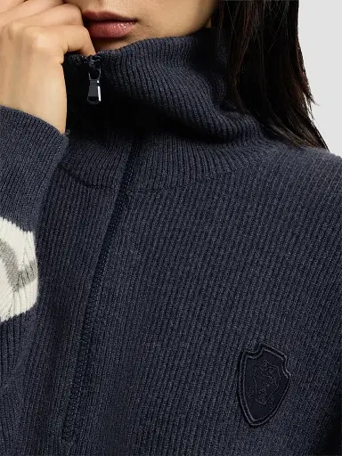 Brunello Cucinelli Women's Cashmere English Rib Turtleneck Sweater with Half-Zip and Logo - Navy Blue | Thumbnail 6 Brunello Cucinelli Women's Cashmere English Rib Turtleneck Sweater with Half-Zip and Logo - Navy Blue | Thumbnail 6