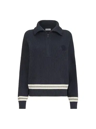 Brunello Cucinelli Women's Cashmere English Rib Turtleneck Sweater with Half-Zip and Logo - Navy Blue | Thumbnail 1 Brunello Cucinelli Women's Cashmere English Rib Turtleneck Sweater with Half-Zip and Logo - Navy Blue | Thumbnail 1