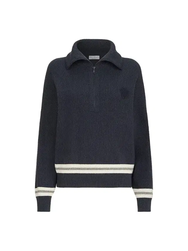 Women's Cashmere English Rib Turtleneck Sweater with Half-Zip and Logo - Navy Blue Women's Cashmere English Rib Turtleneck Sweater with Half-Zip and Logo - Navy Blue