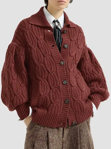Brunello Cucinelli Women's Cashmere Feather Yarn Heritage Cable Cardigan - Ruby | Thumbnail 3 Brunello Cucinelli Women's Cashmere Feather Yarn Heritage Cable Cardigan - Ruby | Thumbnail 3