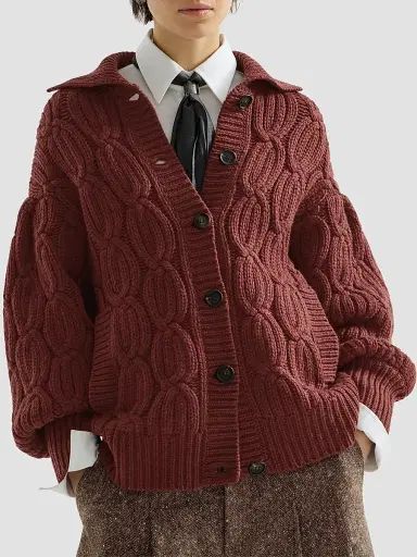 Brunello Cucinelli Women's Cashmere Feather Yarn Heritage Cable Cardigan - Ruby | Thumbnail 5 Brunello Cucinelli Women's Cashmere Feather Yarn Heritage Cable Cardigan - Ruby | Thumbnail 5