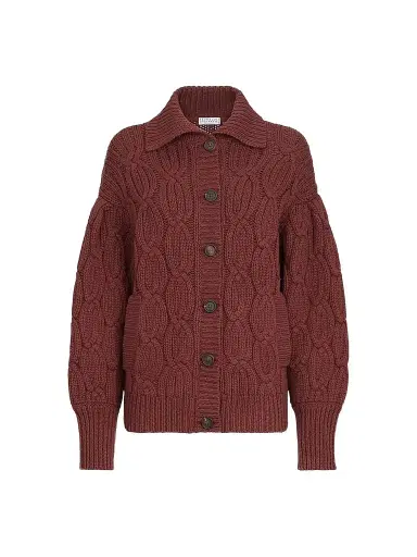 Brunello Cucinelli Women's Cashmere Feather Yarn Heritage Cable Cardigan - Ruby | Thumbnail 1 Brunello Cucinelli Women's Cashmere Feather Yarn Heritage Cable Cardigan - Ruby | Thumbnail 1