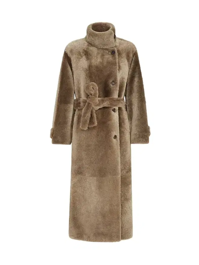 Women's Shearling Coat with Belt and Monili - Light Brown Women's Shearling Coat with Belt and Monili - Light Brown