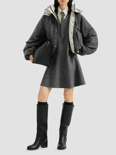 Brunello Cucinelli Women's Virgin Wool Donegal Down Jacket with Detachable Hood and Shiny Zipper Pull - Anthracite | Thumbnail 2 Brunello Cucinelli Women's Virgin Wool Donegal Down Jacket with Detachable Hood and Shiny Zipper Pull - Anthracite | Thumbnail 2