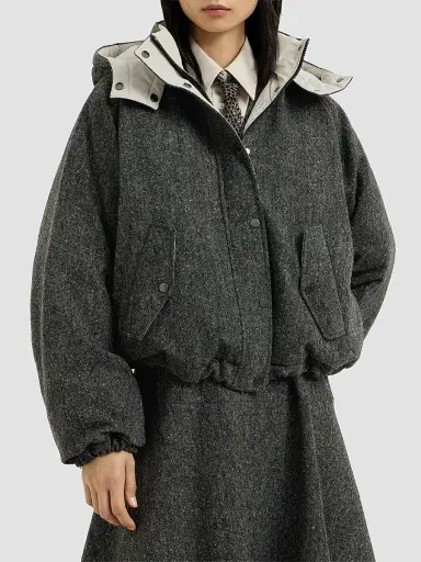 Brunello Cucinelli Women's Virgin Wool Donegal Down Jacket with Detachable Hood and Shiny Zipper Pull - Anthracite | Thumbnail 3 Brunello Cucinelli Women's Virgin Wool Donegal Down Jacket with Detachable Hood and Shiny Zipper Pull - Anthracite | Thumbnail 3