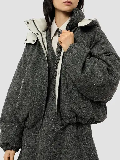 Brunello Cucinelli Women's Virgin Wool Donegal Down Jacket with Detachable Hood and Shiny Zipper Pull - Anthracite | Thumbnail 5 Brunello Cucinelli Women's Virgin Wool Donegal Down Jacket with Detachable Hood and Shiny Zipper Pull - Anthracite | Thumbnail 5